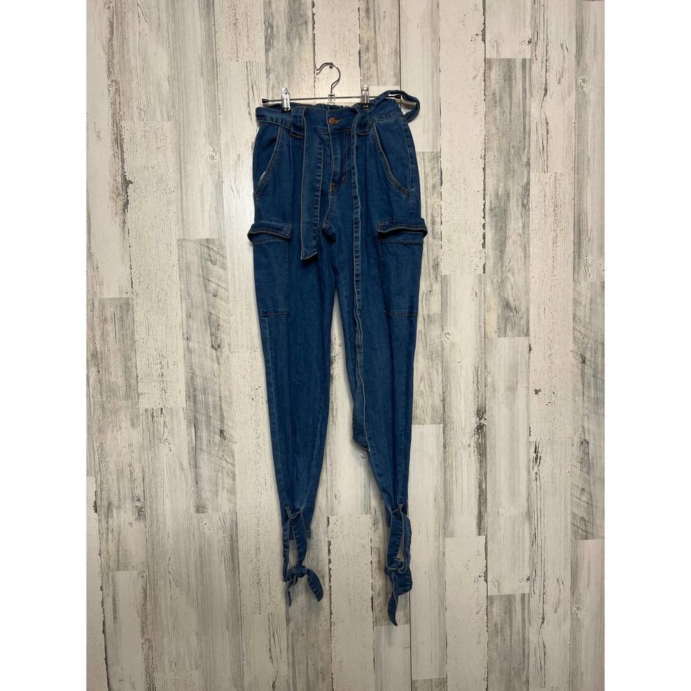 Fashion Nova Cargo Denim Joggers Womens 0 Blue Tie Ankle Paperbag Waist